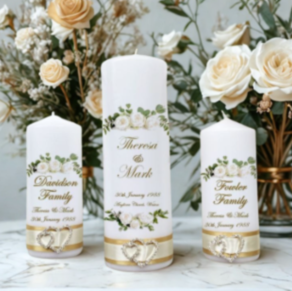 Wedding Personalized Ceremony Unity Candle Set of 3 Elegance